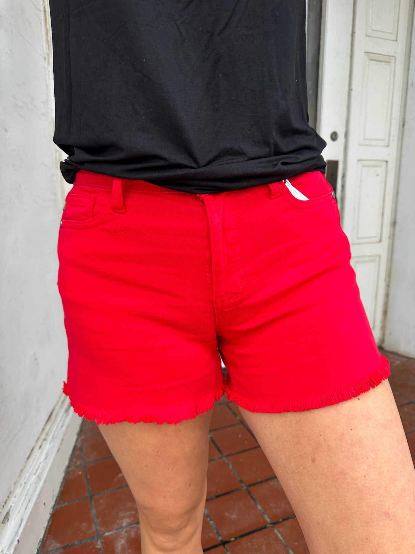 Judy Blue Red Hot Frayed Hem Shorts