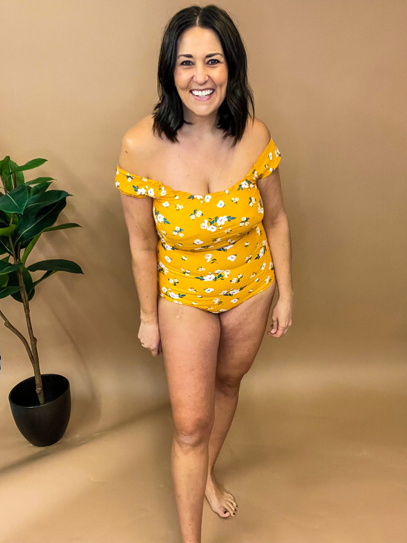 Yellow Floral off the shoulder swim top