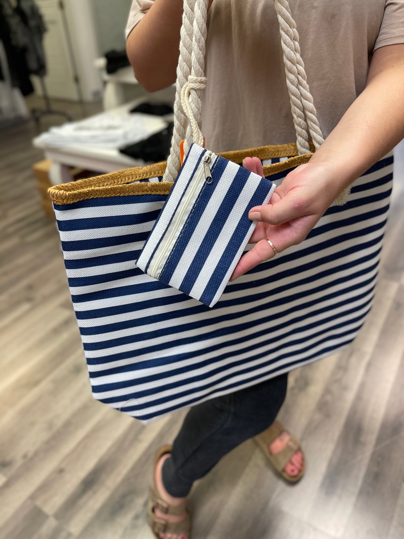 Navy/White stripe beach bag