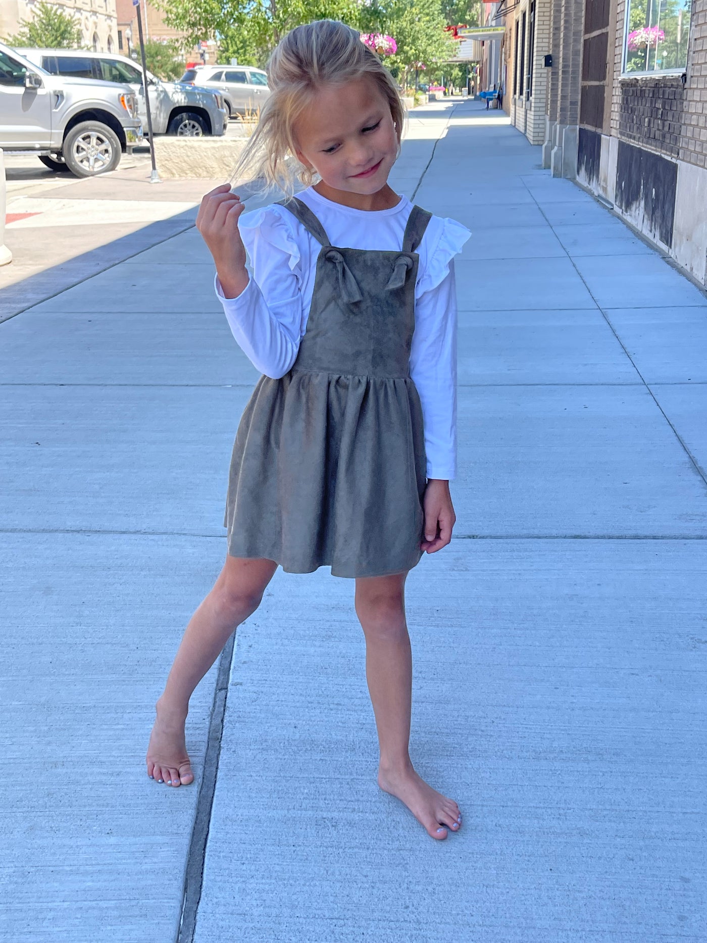 Little Girls Olive Pinafore Dress